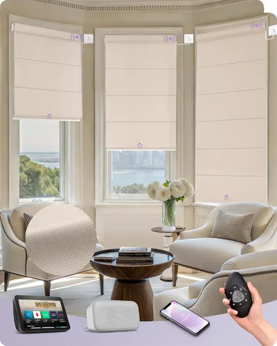 Vista 11 de Graywind Persianas romanas inteligentes compatibles con Alexa Google, persianas motorizadas recargables con control remoto de filtrado de luz