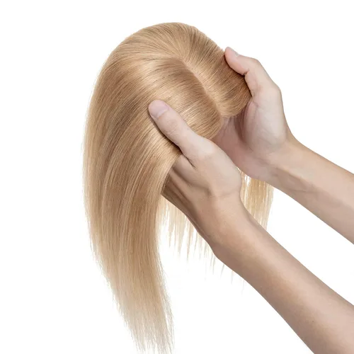 Vista 7 de S-noilite Toppers para el cabello para mujer, sin flequillo, #27 rubio oscuro con clip, piezas de cabello para mujeres con cabello delgado, base