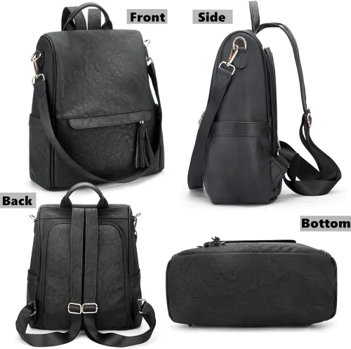 Vista 2 de Oyifan Mochila de cuero para mujer, bolsa convertible, mochila de viaje, Talla Mediana Vintage Negro, Mochilas de viaje