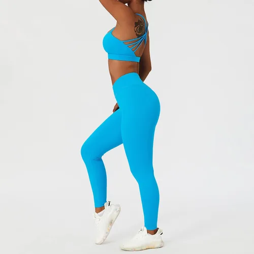 Vista 3 de ABOCIW Conjuntos de entrenamiento para mujer, 2 piezas, cintura cruzada, leggings de cintura alta, tirantes deportivos, para ejercicio, gimnasio