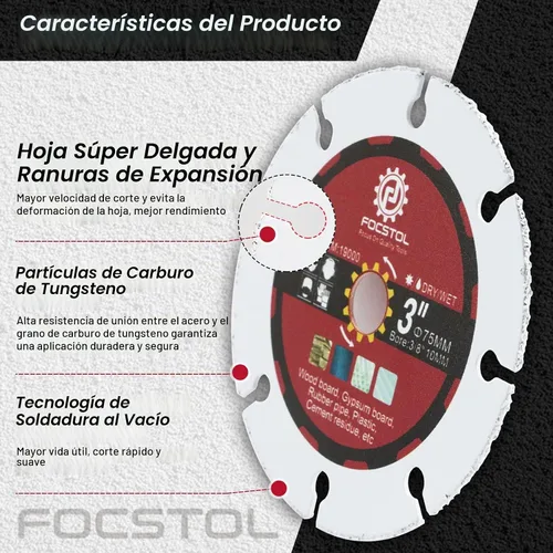 Vista 3 de FOCSTOL Disco de Corte de Madera en Carburo - 3 piezas 3' (75mm) Hoja de Sierra Soldada al Vacío para Madera, Goma y Plástico para Amoladora