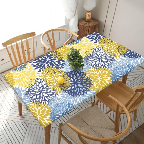 Vista 35 de Fiokroo Mantel de Flores de Crisantemo Azul, Amarillo y Azul Marino con Borde Elástico, Mantel Redondo Lavable y Reutilizable Cubierta de Mesa