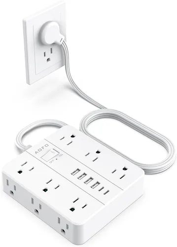 Vista 12 de Regleta de Enchufe Plano, AOFO Cable de Extensión de 5 Pies con 12 Tomacorrientes y 6 Puertos USB (4 USB-A, 2 USB-C), Protector contra
