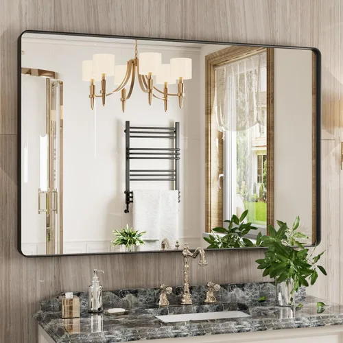Vista 23 de JISOSO - Espejo de baño negro de 20x30 pulgadas con marco de metal negro, espejo de tocador rectangular redondeado con acabado mate para pared