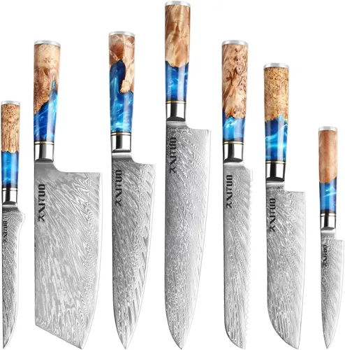 Vista 10 de XITUO VG10 Juego de cuchillos de chef japoneses de acero Damasco de 4 piezas, resina azul y mango de madera, cuchillo de chef de 8 pulgadas