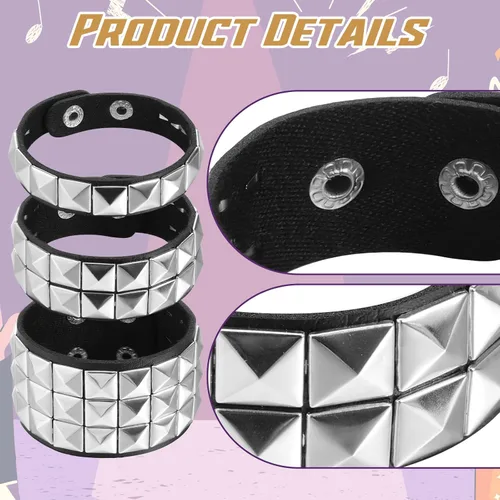 Vista 3 de 3 pulseras punk rock tachonadas, de piel sintética, estilo gótico, de los años 80, joyería con pinchos emo, accesorios para mujeres, hombres, fiesta