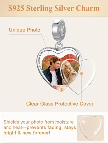 Vista 55 de Custom4U Photo Charms for Bracelets 925 Sterling Silver/Gold Plated Heart/Tree of Life/Round Charm Bead Personalized with Picture Custom