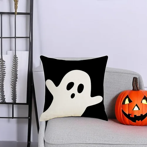 Vista 3 de Juego de 2 fundas de almohada de Halloween de 16 x 16 pulgadas, decoración de fantasma blanco negro, funda de almohada de lino para el hogar, sofá
