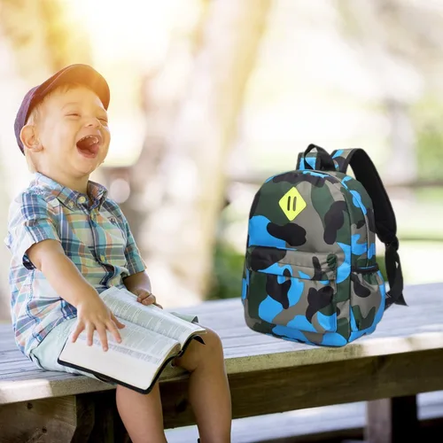 Vista 7 de Mochila de camuflaje para niños preescolares para jardín de infantes, bolsa de guardería, Camuflaje azul cielo, Mochilas de mochila