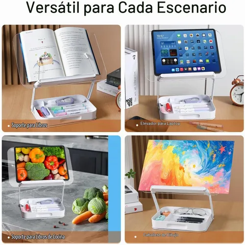 Vista 6 de ZOEY Soporte acrílico para libros de lectura, soporte ajustable para libros con base giratoria de 360 grados y soporte elevador plegable de aleación