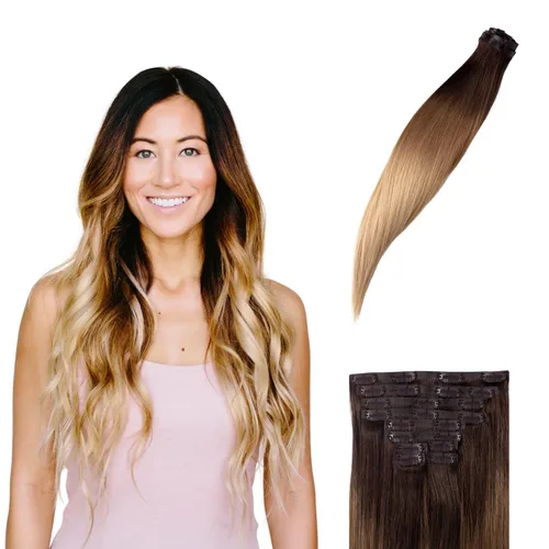 Vista 12 de BFB Hair Extensiones de cabello con pinzas para mujer, extensiones de cabello humano real, rubio descalzo con reflejos rubios, 21 pulgadas, 10
