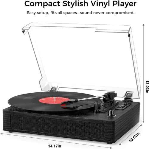 Vista 8 de Reproductor de discos de vinilo con Bluetooth, tocadiscos de 3 velocidades por correa con altavoces integrados, fácil configuración