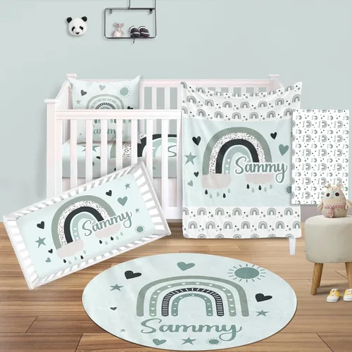 Vista 22 de Juego de ropa de cama para cuna de bebé, 5 piezas, diseño de bolas y arco iris, manta de bebé con nombre personalizado, sábana bajera para cuna