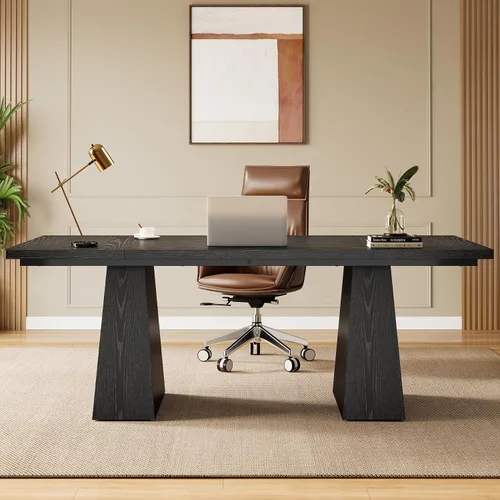 Vista 6 de Tribesigns Escritorio ejecutivo de 63 pulgadas, moderno escritorio negro para computadora de oficina con doble pedestal resistente, mesa de estudio