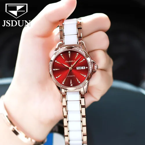 Vista 8 de OLEVS Relojes automáticos para mujer, reloj de cuerda automática para mujer, cerámica de acero inoxidable, relojes de pulsera mecánicos