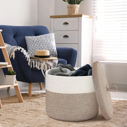 Vista 5 de Cesta de almacenamiento grande de 18" X 18" X 14" con tapa, cesta para mantas de sala de estar, caja de almacenamiento de cuerda de algodón tejida
