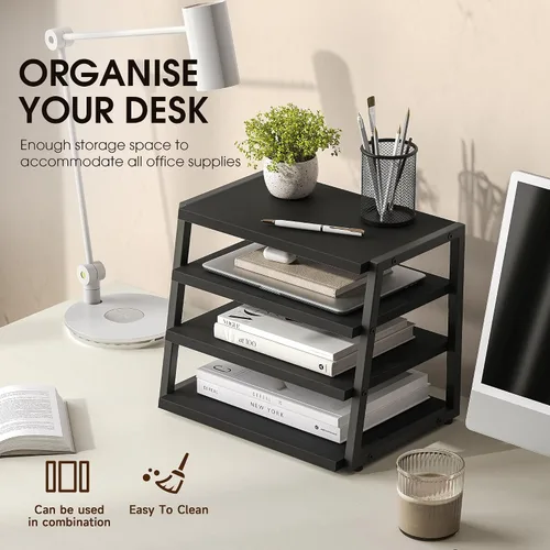 Vista 4 de Fenge Organizador de estante de escritorio, estante de escritorio de 4 niveles, estantes de oficina de madera y metal, organizador de archivos