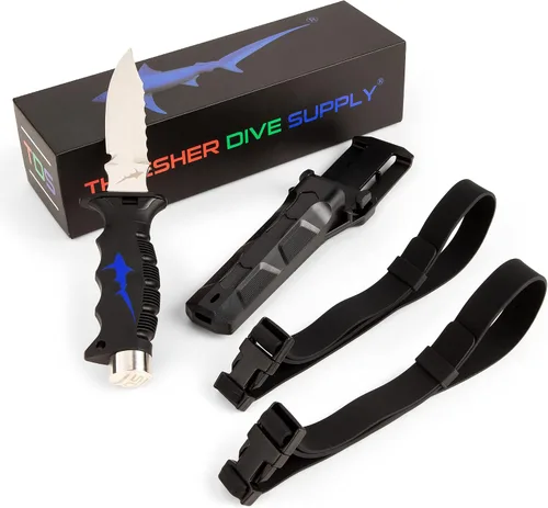 Vista 3 de Cuchillo de buceo de acero inoxidable 316L de 5 pulgadas con correa para la pierna y funda - Cuchillos de buceo premium con bordes dentados - Equipo