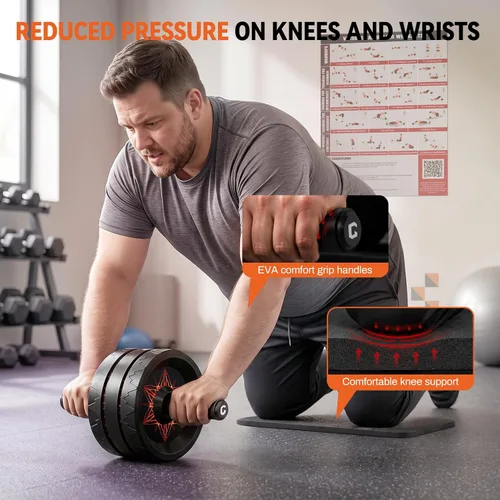 Vista 7 de VINSGUIR Rueda de rodillo abdominal, abdominales y equipo de entrenamiento para gimnasio en casa con accesorios para rodilleras, rueda abdominal