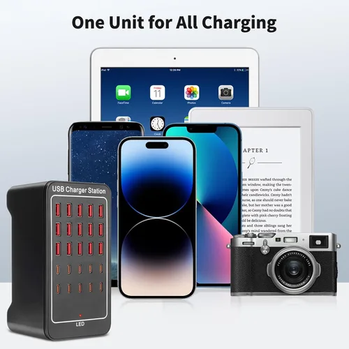 Vista 5 de Bloque de Cargador USB C, 125W (25A) 25 Puertos (15 USB A y 10 USB C) Estación de Carga Múltiple, Cargador de Pared de Escritorio Compatible