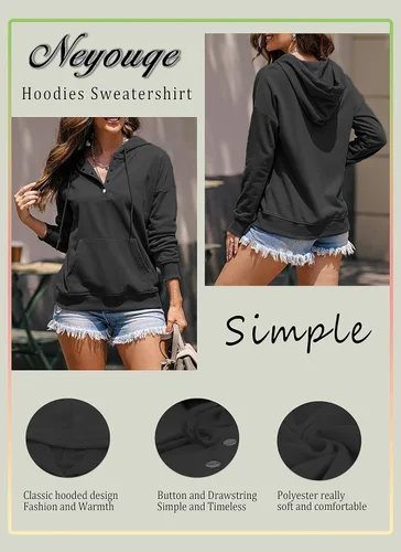 Vista 7 de NEYOUQE Sudaderas de moda para mujer, para otoño e invierno, con botones de un cuarto, sudaderas casuales de moda con cuello redondo
