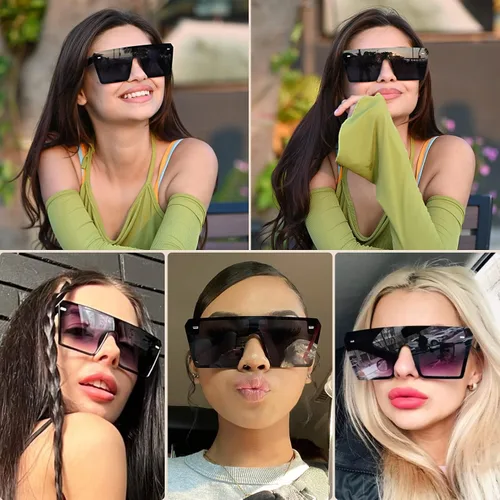 Vista 2 de Dollger Lentes de sol cuadrados de gran tamaño para mujeres y hombres, tonos retro, a la moda, con parte superior plana y con lentes sin montura