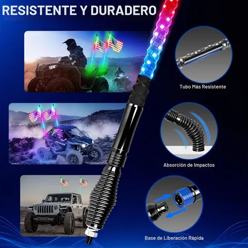 Vista 5 de Luces Whip Uemicip 2PCS 2FT Luces Whip LED RGB en Espiral para UTV, con Base de Resorte App y Control Remoto Inalámbrico RF, Antenas Whip Iluminadas