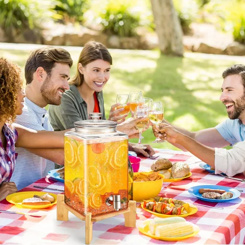 Vista 7 de FillTouch Juego de 2 dispensadores de bebidas de vidrio de 1.5 galones con soporte de madera, dispensadores grandes de bebidas de agua para fiestas