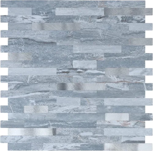 Vista 13 de Midcard Azulejos adhesivos para salpicaduras de 10 hojas, azulejos para cocina, baño, lavandería, cámper, chimenea. 20Trapezoidal Negro Gris Madera