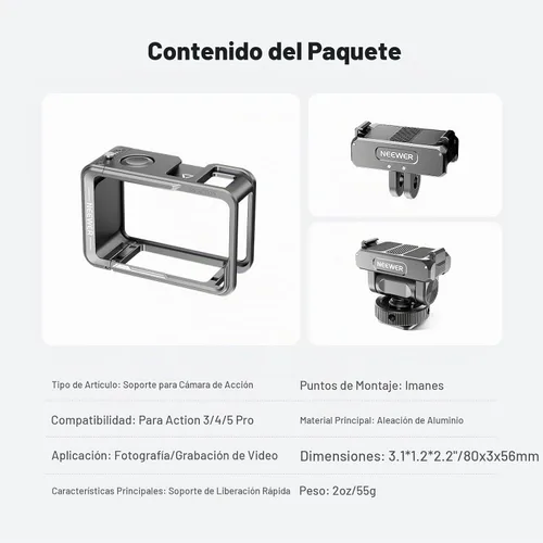 Vista 7 de NEEWER Kit de jaula para cámara de acción compatible con DJI Osmo Action 5 Pro 4 3 DJI Mic, accesorios de marco protector con montaje de zapata fría
