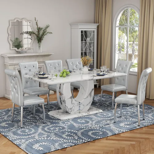 Vista 13 de Moderno juego de mesa de comedor de mármol sintético para 4, mesa de cocina rectangular blanca de 63 pulgadas con elegante base de pedestal