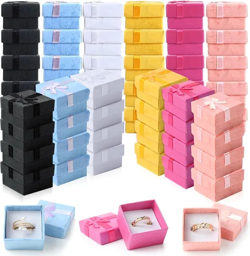 Vista 13 de Yinkin Juego de 120 cajas de regalo de anillo de cartón con lazo, cuadrado, varios colores, pequeño, caja de joyería dura para cumpleaños, 6