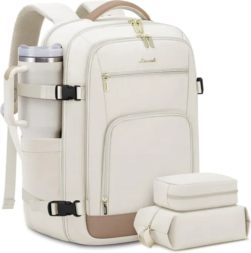 Vista 22 de LOVEVOOK Mochila de viaje para mujer y hombre, Beige, Mochilas de viaje