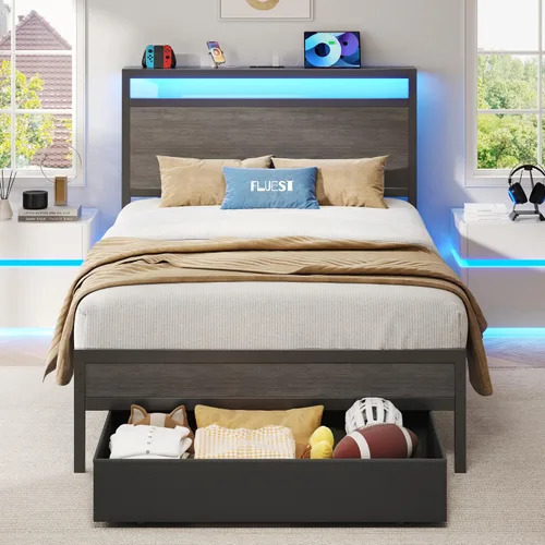 Vista 10 de Fluest - Base de cama individual con cabecero de almacenamiento y cajón de almacenamiento, estación de carga y luz LED, no necesita somier, sin