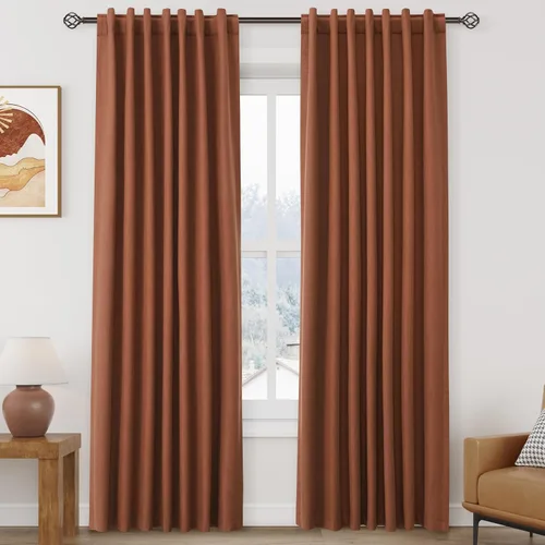 Vista 86 de Nanspring Cortinas de lino 100% opacas para dormitorio, 96 pulgadas de largo, con pestaña trasera, bolsillo para barra, aislamiento térmico, cortina