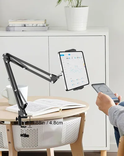 Vista 9 de Soporte de suelo para tablet con base estable de 11 libras y abrazadera de escritorio, brazo giratorio de altura ajustable, compatible con iPhone