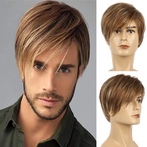 Vista 7 de Peluca corta para hombre color marrón, peluca de pelo sintético natural en capas marrón (Brown 1)