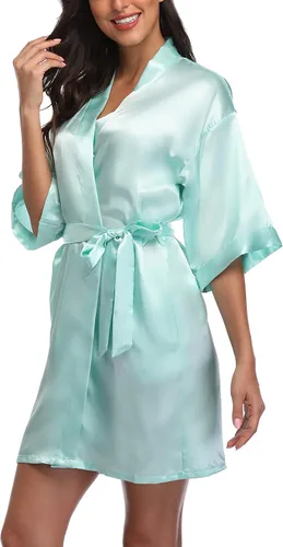 Vista 3 de Women's Satin Robes Short Bridesmaid Getting Ready Robe Soft Sleepwear Kimono Bathrobe for Bridal Wedding Party