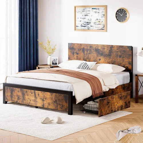 Vista 4 de coucheta Base de cama de tamaño matrimonial con 4 cajones de almacenamiento y cabecero, plataforma de metal resistente y madera rústica, marco