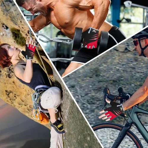 Vista 5 de BEAST RAGE Guantes de ciclismo de medio dedo para hombres y mujeres, guantes acolchados de gel, antideslizantes, absorben los golpes, levantamiento