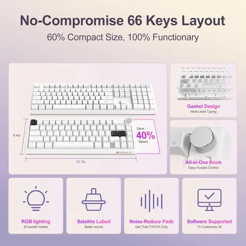 Vista 2 de X82 Teclado para juegos con cable con perilla de volumen, montaje de junta de teclado mecánico 60% RGB retroiluminado con software, mini teclados