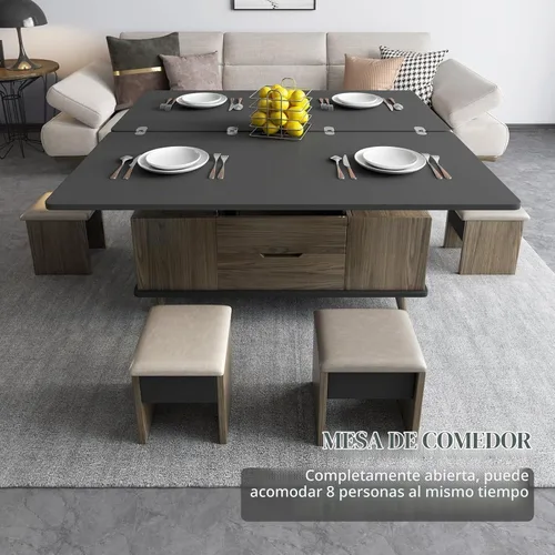 Vista 6 de Mesa de centro elevable con 4 taburetes de poliuretano, mesa de centro clásica de color negro con contraste marrón que se convierte en mesa