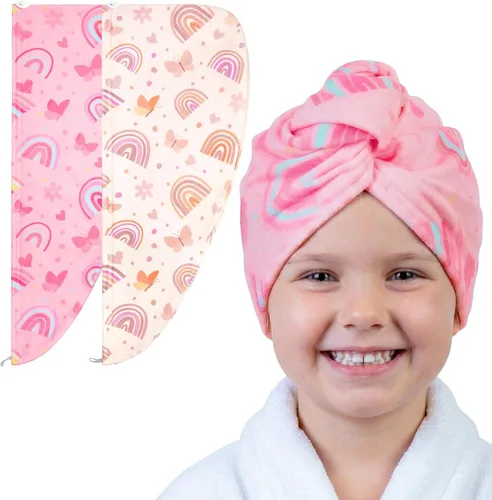 Vista 18 de Basumee Toalla Envolvente de Microfibra para el Cabello para Niños Paquete de 2 Toallas de Cabello de Secado Rápido con Botón Turbantes para Cabello