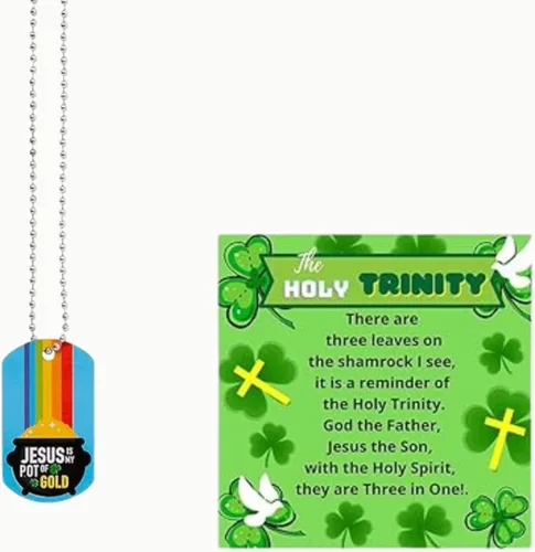 Vista 3 de Biblebanz Collares de etiqueta de perro de fe del día de San Patricio con tarjetas de trébol de la Santísima Trinidad, significado del trébol