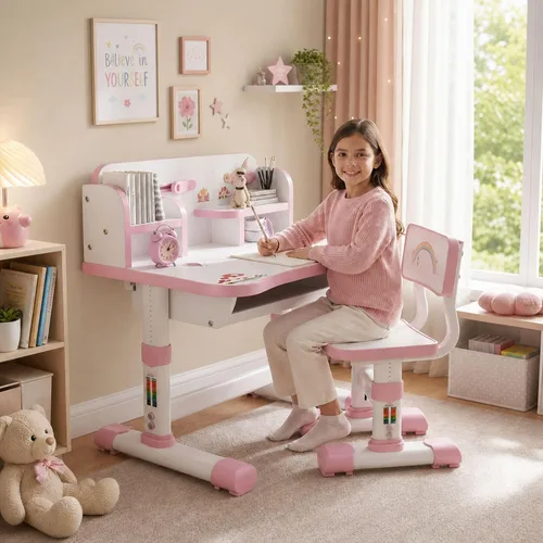 Vista 11 de HEVIRGO Kids Desk and Chair Set – Height Adjustable Blue Study Table