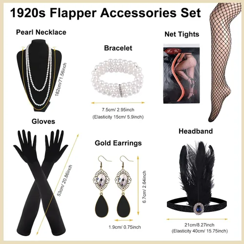 Vista 4 de PLULON 1920s Sequin Beaded Fringed Flapper Dress with 20s Accessories Set