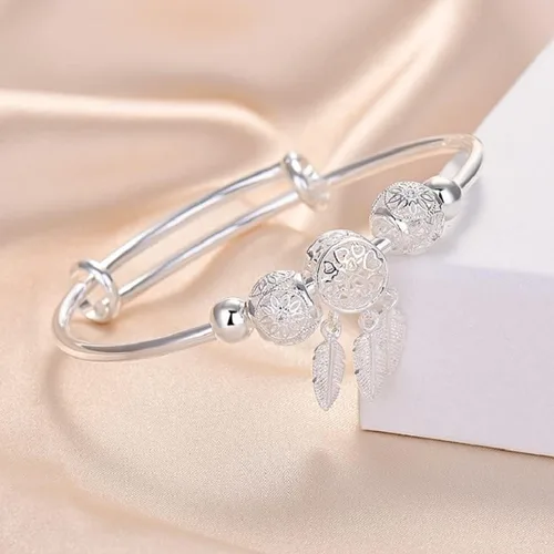 Vista 3 de Harlorki Pulsera ajustable para mujer con colgante de hoja de bola de la suerte 925 chapada en plata