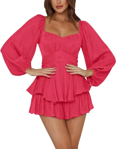 Vista 15 de LYANER Mono de Mujer de Manga Farol Larga con Volantes en Capas y Lazo Mini Corto Romper