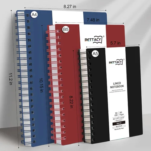 Vista 7 de RETTACY - Cuaderno en espiral grande A4, 300 páginas rayadas, 8.2 x 11.2 pulgadas, para escuela, trabajo, escritura, papel grueso de 3.53 oz/m²