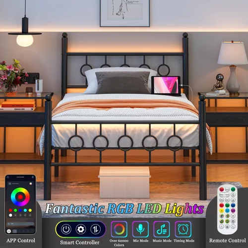 Vista 4 de Jenmit Bases de cama individuales con cabecero, estructura de cama LED con estación de carga, plataforma de metal, almacenamiento bajo la cama,